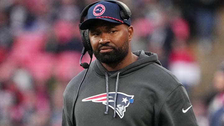 Oct 20, 2024; London, United Kingdom; New England Patriots coach Jerod Mayo watches from the sidelines against the New England Patriots in the second half of an NFL International Series game at Wembley Stadium. Mandatory Credit: Kirby Lee-Imagn Images