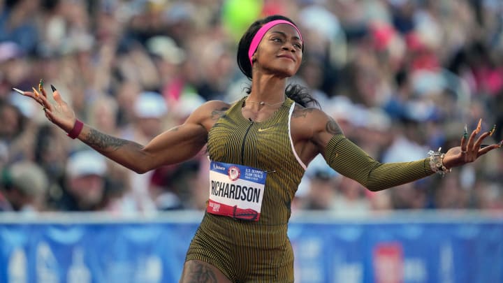 Jun 22, 2024; Eugene, OR, USA; Sha'Carri Richardson celebrates after winning the women's 100m semifinal in 10.86 during the US Olympic Team Trials at Hayward Field. Mandatory Credit: Kirby Lee-USA TODAY Sports