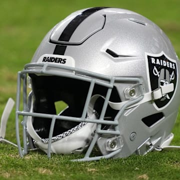 Aug 23, 2024; Paradise, Nevada, USA; A Las Vegas Raiders Riddell speedflex helmet on the field at Allegiant Stadium. Mandatory Credit: Kirby Lee-Imagn Images