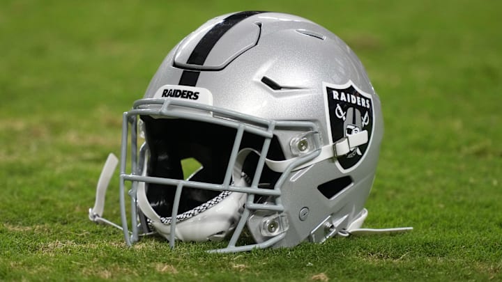 Aug 23, 2024; Paradise, Nevada, USA; A Las Vegas Raiders Riddell speedflex helmet on the field at Allegiant Stadium. Mandatory Credit: Kirby Lee-Imagn Images