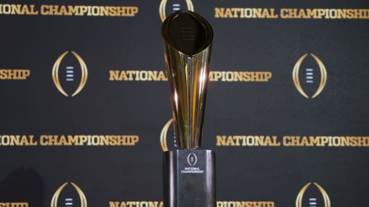 Jan 9, 2024; Houston, TX, USA; The College Football National Championship trophy at press conference at JW Marriot Houston by the Galleria. Mandatory Credit: Kirby Lee-USA TODAY Sports