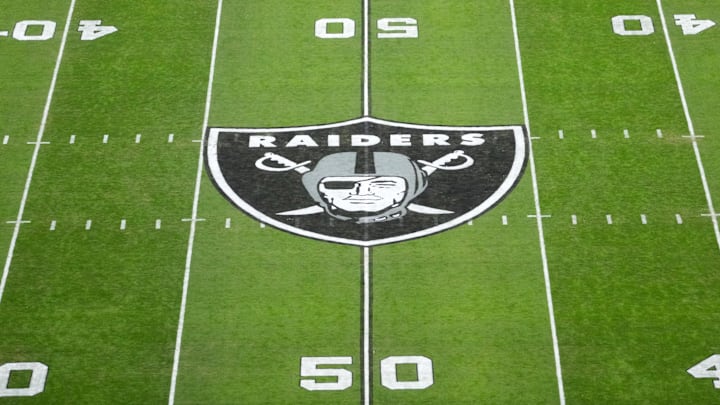 Dec 16, 2024; Paradise, Nevada, USA; The Las Vegas Raiders shield logo at midfield at Allegiant Stadium. Mandatory Credit: Kirby Lee-Imagn Images Dec 16, 2024; Paradise, Nevada, USA; The Las Vegas Raiders shield logo at midfield at Allegiant Stadium. Mandatory Credit: Kirby Lee-Imagn Images