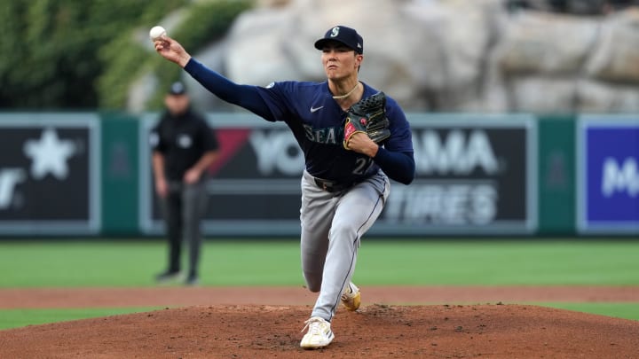 Seattle Mariners starting pitcher Bryan Woo throws in the second inning against the Los Angeles Angels on Friday at Angel Stadium.