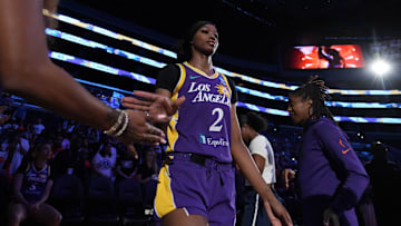 Aug 28, 2024; Los Angeles, California, USA; LA Sparks forward Rickea Jackson (2) is introduced before the game against the New York Liberty at Crypto.com Arena. 