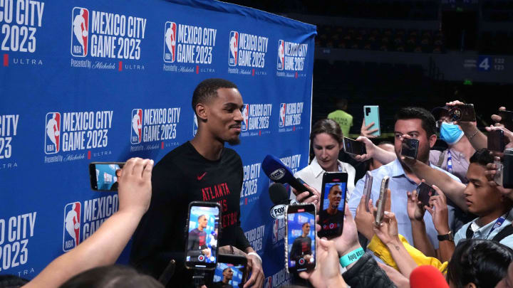 Nov 8, 2023; Mexico City, Mexico; Atlanta Hawks guard Dejounte Murray (5) speaks to the media during practice at the Arena CDMX. Mandatory Credit: Kirby Lee-USA TODAY Sports