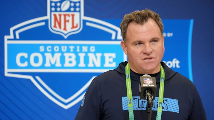Feb 25, 2025; Indianapolis, IN, USA; Tennessee Titans general manager Mike Borgonzi speaks during the NFL Scouting Combine at the Indiana Convention Center. Mandatory Credit: Kirby Lee-Imagn Images