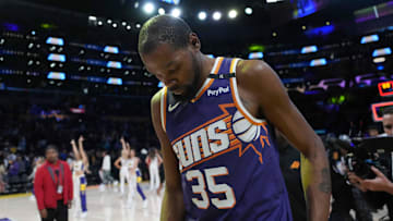 Mar 16, 2025; Los Angeles, California, USA; Phoenix Suns forward Kevin Durant (35) leaves the court after the game against the Los Angeles Lakers at Crypto.com Arena. Mandatory Credit: Kirby Lee-Imagn Images