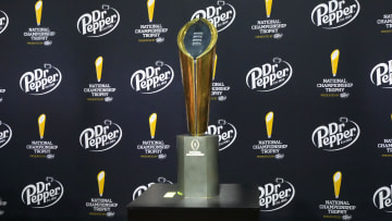 Jan 7, 2024; Houston, TX, USA; The College Football Playoff national championship trophy at the CFP Fan Central at the George R. Brown Convention Center. Mandatory Credit: Kirby Lee-USA TODAY Sports