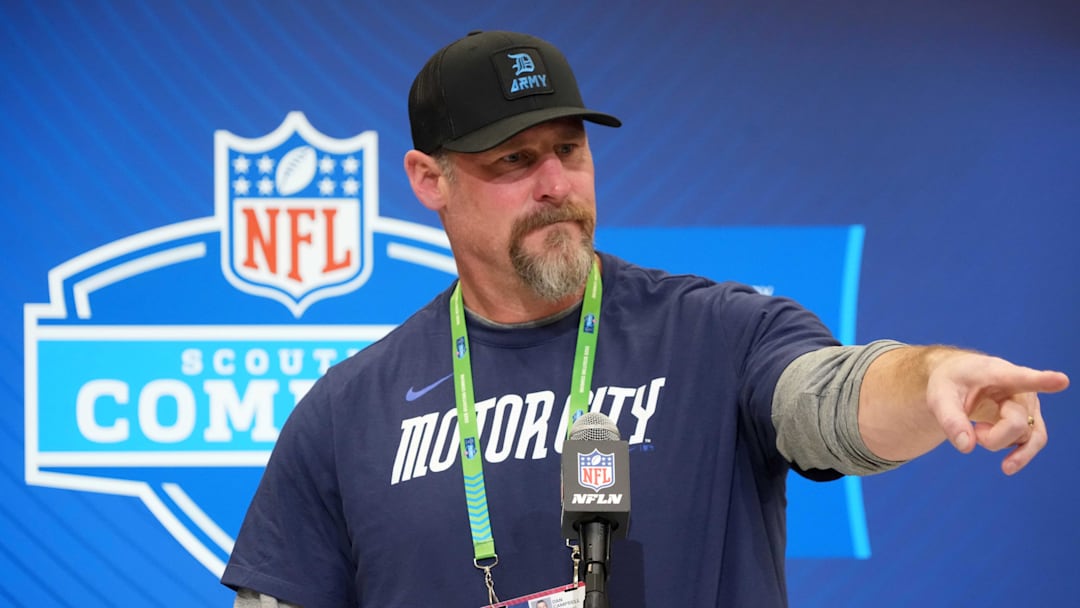 Feb 25, 2025; Indianapolis, IN, USA; Detroit Lions coach Dan Campbell speaks during the NFL Scouting Combine at the Indiana Convention Center. Mandatory Credit: Kirby Lee-Imagn Images
