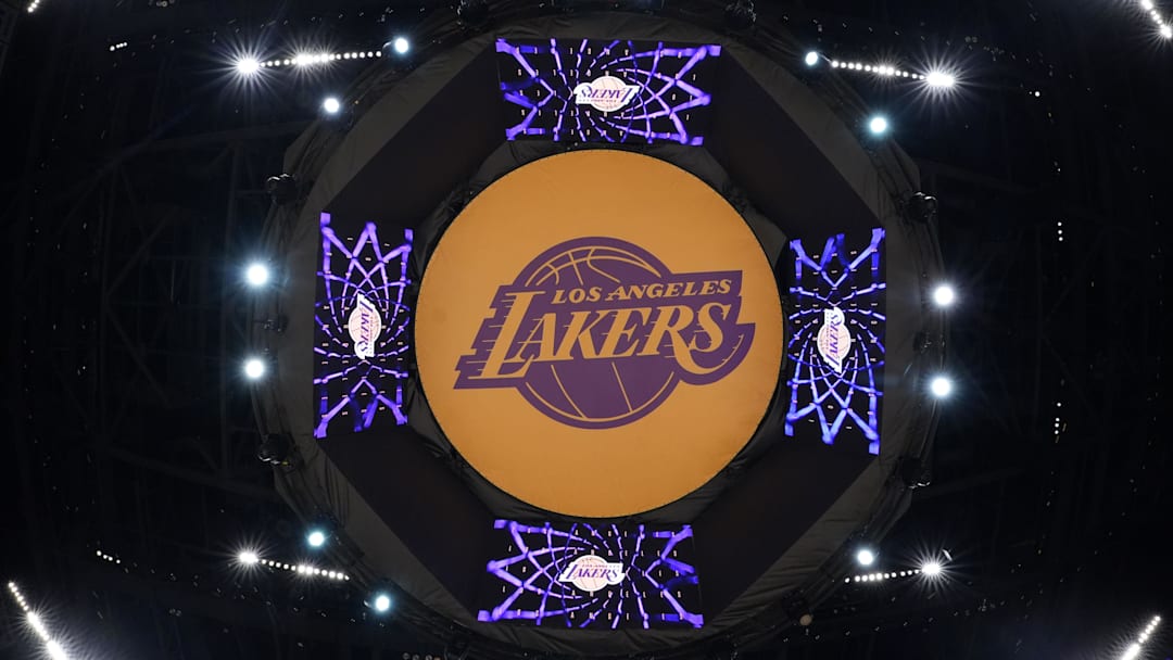 Apr 9, 2024; Los Angeles, California, USA; THe Los Angeles Lakers logo on the video board at Crypto.com Arena.