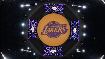 Apr 9, 2024; Los Angeles, California, USA; THe Los Angeles Lakers logo on the video board at Crypto.com Arena.