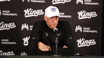 Mar 9, 2025; Inglewood, California, USA; Sacramento Kings coach Doug Christie at a press conference at Intuit Dome. Mandatory Credit: Kirby Lee-Imagn Images