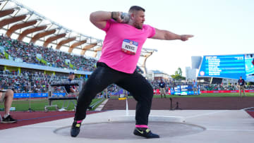 Joe Kovacs places second in the shot put at 73-7 1/4 (22.43m) during the US Olympic Team Trials at Hayward Field