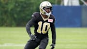 Aug 14, 2025; Carson, CA, USA; New Orleans Saints wide receiver Brandin Cooks (10) during a joint practice Los Angeles Rams at the Dignity Health Sports Park. Mandatory Credit: Kirby Lee-Imagn Images