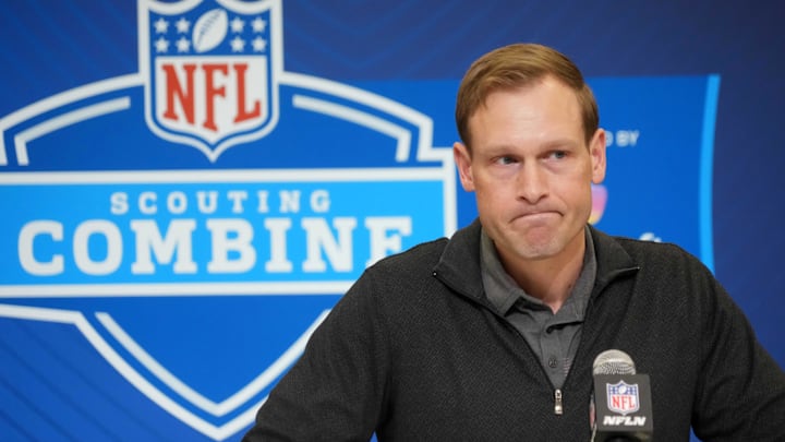 Feb 25, 2025; Indianapolis, IN, USA; Chicago Bears coach Ben Johnson speaks during the NFL Scouting Combine at the Indiana Convention Center. Mandatory Credit: Kirby Lee-Imagn Images