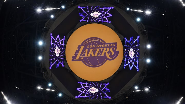 Apr 9, 2024; Los Angeles, California, USA; The Los Angeles Lakers logo on the video board at Crypto.com Arena. Mandatory Credit: Kirby Lee-USA TODAY Sports