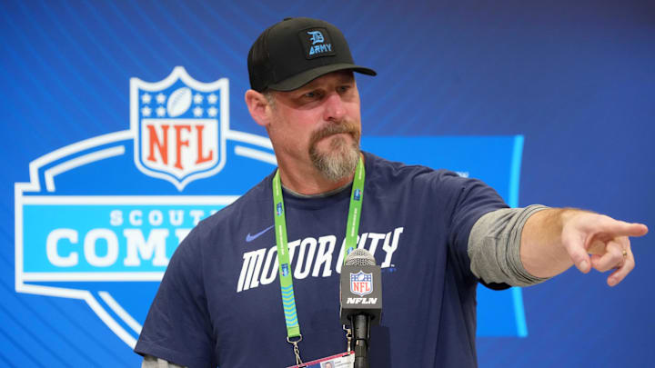 Detroit Lions coach Dan Campbell speaks during the NFL scouting combine.