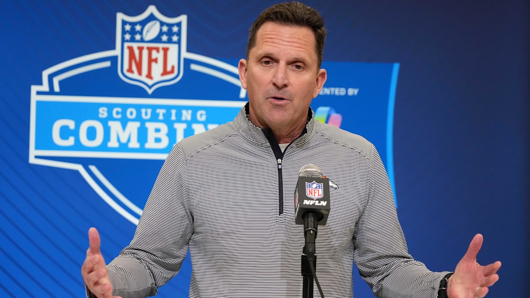 Feb 25, 2025; Indianapolis, IN, USA; Denver Broncos general manager George Paton speaks during the NFL Scouting Combine at the Indiana Convention Center.