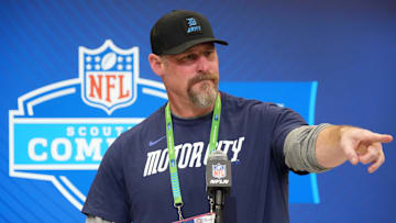 Feb 25, 2025; Indianapolis, IN, USA; Detroit Lions coach Dan Campbell speaks during the NFL Scouting Combine at the Indiana Convention Center. Mandatory Credit: Kirby Lee-Imagn Images