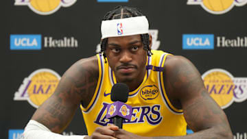 Sep 30, 2024; El Segundo, CA, USA; Los Angeles Lakers forward Jarred Vanderbilt (2) during media day at the UCLA Health Training Center. Mandatory Credit: Kirby Lee-Imagn Images