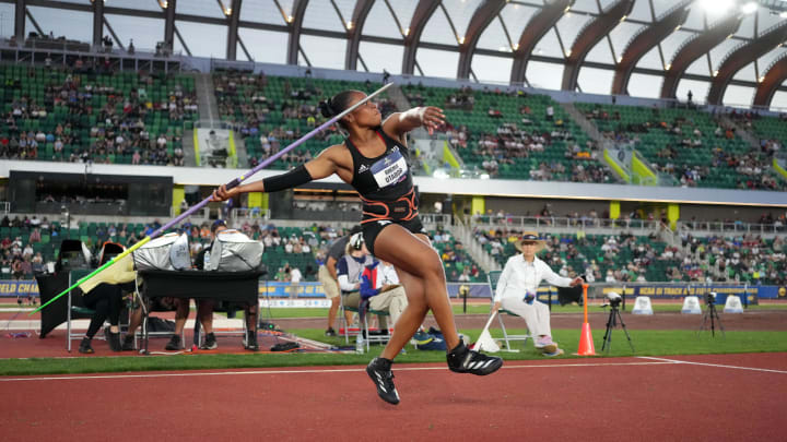 Jun 6, 2024; Eugene, OR, USA; Rhema Otabor of Nebraska wins the women's javelin in a collegiate record 210-7 (64.19m) during the NCAA Track and Field Championships at Hayward Field.
