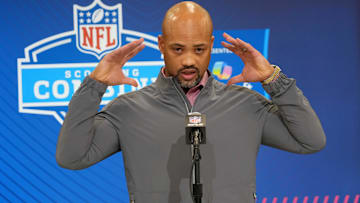 Atlanta Falcons general manager Terry Fontenot speaks during the NFL Scouting Combine at the Indiana Convention Center. Mandatory Credit: Kirby Lee-Imagn Images