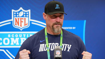 Detroit Lions coach Dan Campbell speaks during the NFL Scouting Combine at the Indiana Convention Center. 