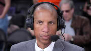 Apr 9, 2024; Los Angeles, California, USA; TNT analyst Reggie Miller during the game between the Los Angeles Lakers and the Golden State Warriors at Crypto.com Arena. Mandatory Credit: Kirby Lee-USA TODAY Sports