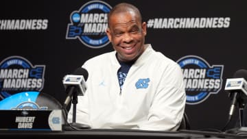 Mar 27, 2024; Los Angeles, CA, USA; North Carolina Tar Heels coach Hubert Davis during a press conference prior to NCAA Tournament at West Regional at Crypto.com Arena. Mandatory Credit: Kirby Lee-USA TODAY Sports