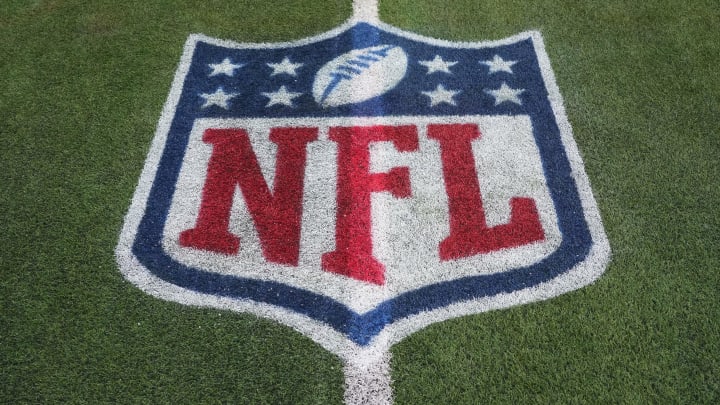 Dec 21, 2023; Inglewood, California, USA; The NFL shield logo on the field at SoFi Stadium.  
