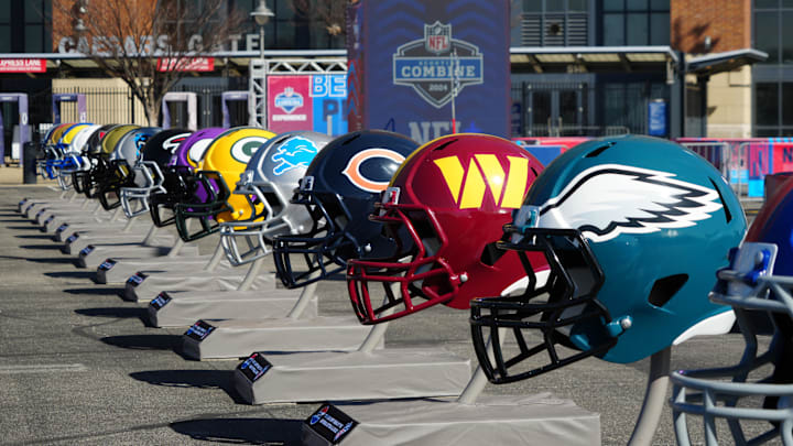 Feb 28, 2024; Indianapolis, IN, USA; A general view of large Philadelphia Eagles, Washington Commanders and Chicago Bears helmets at the NFL Scouting Combine Experience at Lucas Oil Stadium. Mandatory Credit: Kirby Lee-Imagn Images Feb 28, 2024; Indianapolis, IN, USA; A general view of large Philadelphia Eagles, Washington Commanders and Chicago Bears helmets at the NFL Scouting Combine Experience at Lucas Oil Stadium. Mandatory Credit: Kirby Lee-Imagn Images