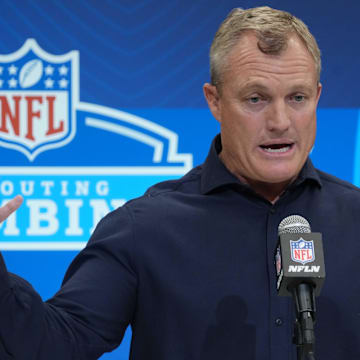 Feb 27, 2025; Indianapolis, IN, USA; San Francisco 49ers general manager John Lynch speaks during the 2025 NFL Scouting Combine at the Indiana Convention Center. Mandatory Credit: Kirby Lee-Imagn Images