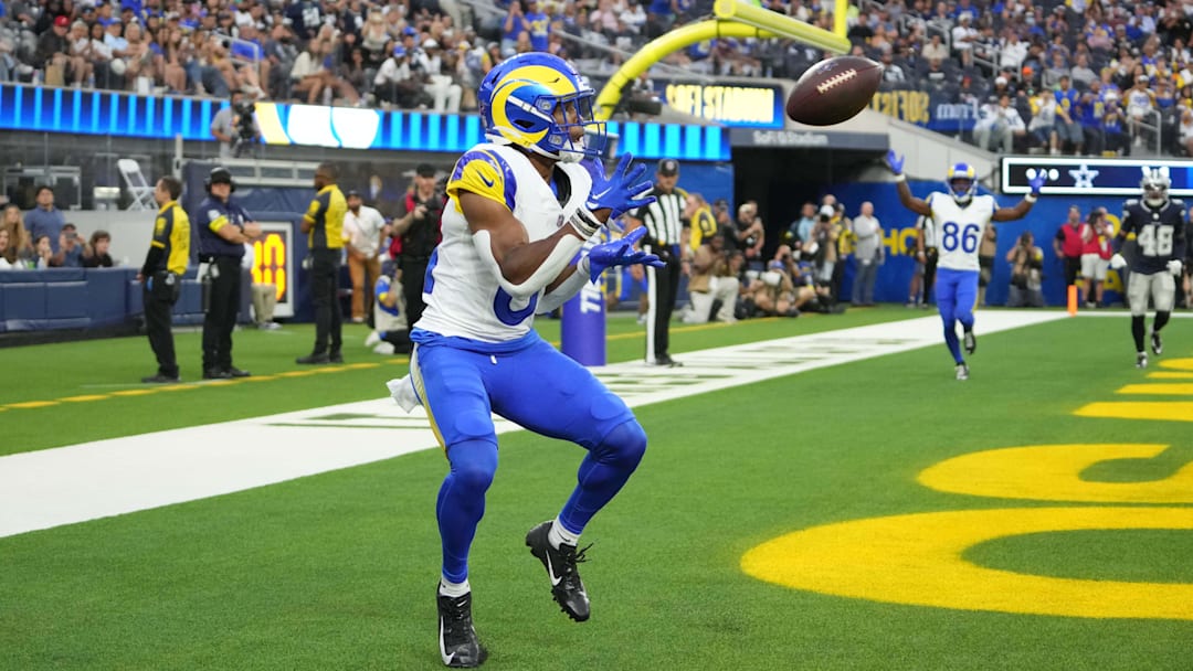 Aug 9, 2025; Inglewood, California, USA; Los Angeles Rams wide receiver Brennan Presley (81) catches a 7-yard touchdown pass in the fourth quarter against the Dallas Cowboys at SoFi Stadium. Mandatory Credit: Kirby Lee-Imagn Images