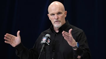 Washington Commanders coach and former Dallas Cowboys defensive coordinator Dan Quinn speaks during the 2025 NFL Scouting Combine at the Indiana Convention Center.