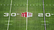 Dec 2, 2023; Las Vegas, NV, USA; The Mountain West conference logo on the field at Allegiant Stadium. Mandatory Credit: Kirby Lee-Imagn Images
