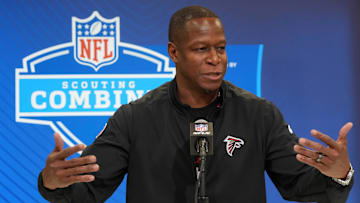 Feb 25, 2025; Indianapolis, IN, USA; Atlanta Falcons coach Raheem Morris speaks during the NFL Scouting Combine at the Indiana Convention Center.