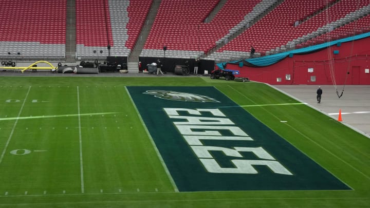 Feb 7, 2023; Phoenix, AZ, USA; The Philadelphia Eagles logo in the end zone prior to Super Bowl 57 at State Farm Stadium. Mandatory Credit: Kirby Lee-USA TODAY Sports