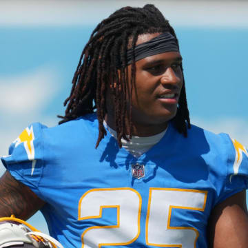 Jun 13, 2024; Costa Mesa, CA, USA; Los Angeles Chargers linebacker Junior Colson (25) during minicamp at the Hoag Performance Center. Mandatory Credit: Kirby Lee-USA TODAY Sports