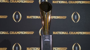 Jan 9, 2024; Houston, TX, USA; The College Football National Championship trophy at press conference at JW Marriot Houston by the Galleria. Mandatory Credit: Kirby Lee-Imagn Images