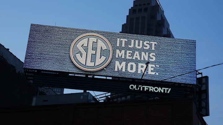 Apr 4, 2024; Cleveland, OH, USA; A SEC logo billboard prior to the NCAA Women's Final Four. Mandatory Credit: Kirby Lee-USA TODAY Sports