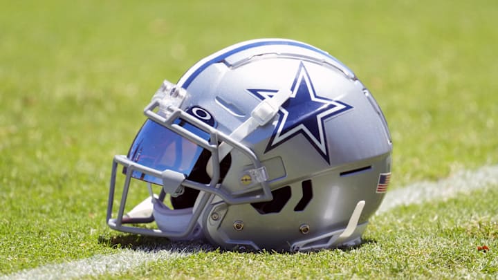 Jul 27, 2023; Oxnard, CA, USA; A Dallas Cowboys helmet with Oakley visor at training camp at Marriott Residence Inn-River Ridge Playing Fields. Mandatory Credit: Kirby Lee-Imagn Images