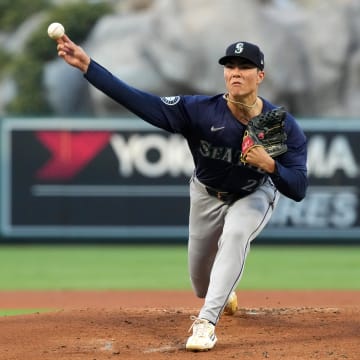 Seattle Mariners starting pitcher Bryan Woo throws against the Los Angeles Angels on Saturday at Angel Stadium.