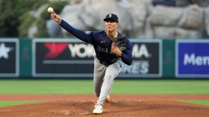 Seattle Mariners starting pitcher Bryan Woo throws against the Los Angeles Angels on Saturday at Angel Stadium.