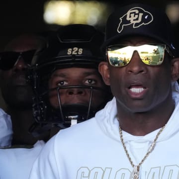 Oct 28, 2023; Pasadena, California, USA; Colorado Buffaloes head coach Deion Sanders enters the field before the game against the UCLA Bruins at Rose Bowl. UCLA defeated Colorado 28-16. Mandatory Credit: Kirby Lee-USA TODAY Sports