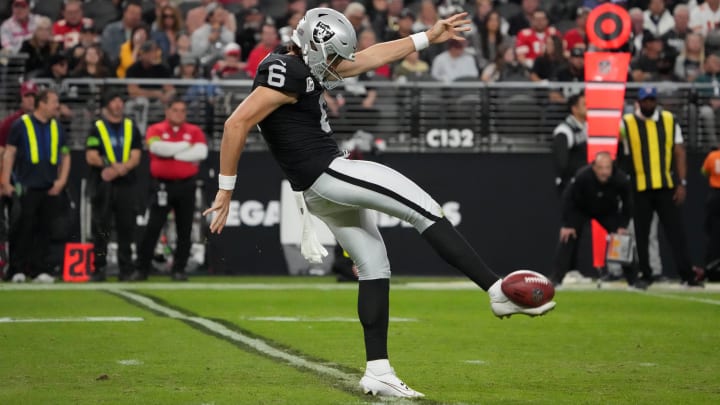 Nov 26, 2023; Paradise, Nevada, USA; Las Vegas Raiders punter AJ Cole (6) punts the ball against the Kansas City Chiefs in the second half at Allegiant Stadium. Mandatory Credit: Kirby Lee-USA TODAY Sports