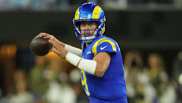 Nov 11, 2024; Inglewood, California, USA; Los Angeles Rams quarterback Matthew Stafford (9) throws the ball against the Miami Dolphins in the second half at SoFi Stadium.