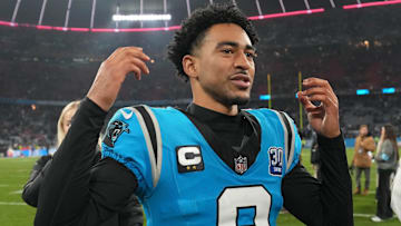 Nov 10, 2024; Munich, Germany; Carolina Panthers quarterback Bryce Young (9) reacts after the game against the New York Giants during the 2024 NFL Munich Game at Allianz Arena. Mandatory Credit: Kirby Lee-Imagn Images