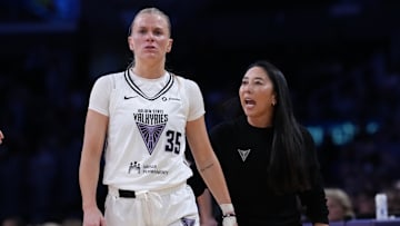 Jun 9, 2025; Los Angeles, California, USA; Golden State Valkyries coach Natalie Nakase (right) talks with guard Julie Vanloo (35) in the first half against the LA Sparks at Crypto.com Arena. Mandatory Credit: Kirby Lee-Imagn Images