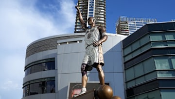 Mar 18, 2024; Los Angeles, California, USA; A statue of Kobe Bryant at Crypto.com Arena. Mandatory Credit: Kirby Lee-Imagn Images
