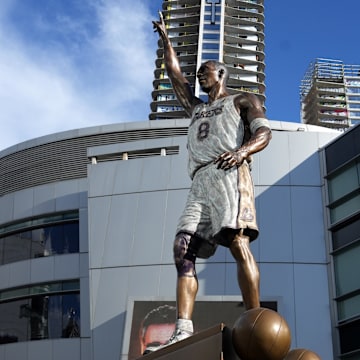 Mar 18, 2024; Los Angeles, California, USA; A statue of Kobe Bryant at Crypto.com Arena. Mandatory Credit: Kirby Lee-Imagn Images